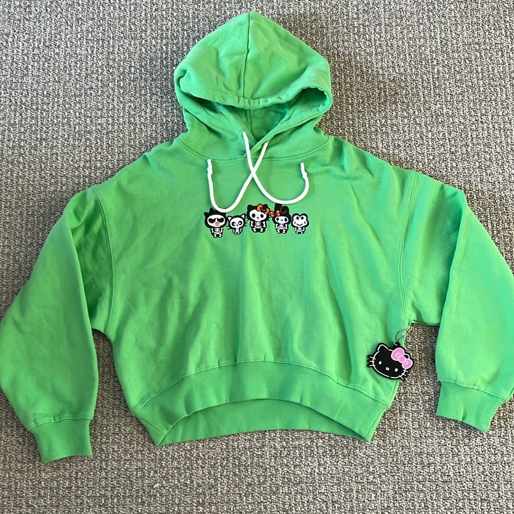 Forever 21 Hello Kitty Skeleton Cropped Hoodie Sweatshirt Green S Halloween Top